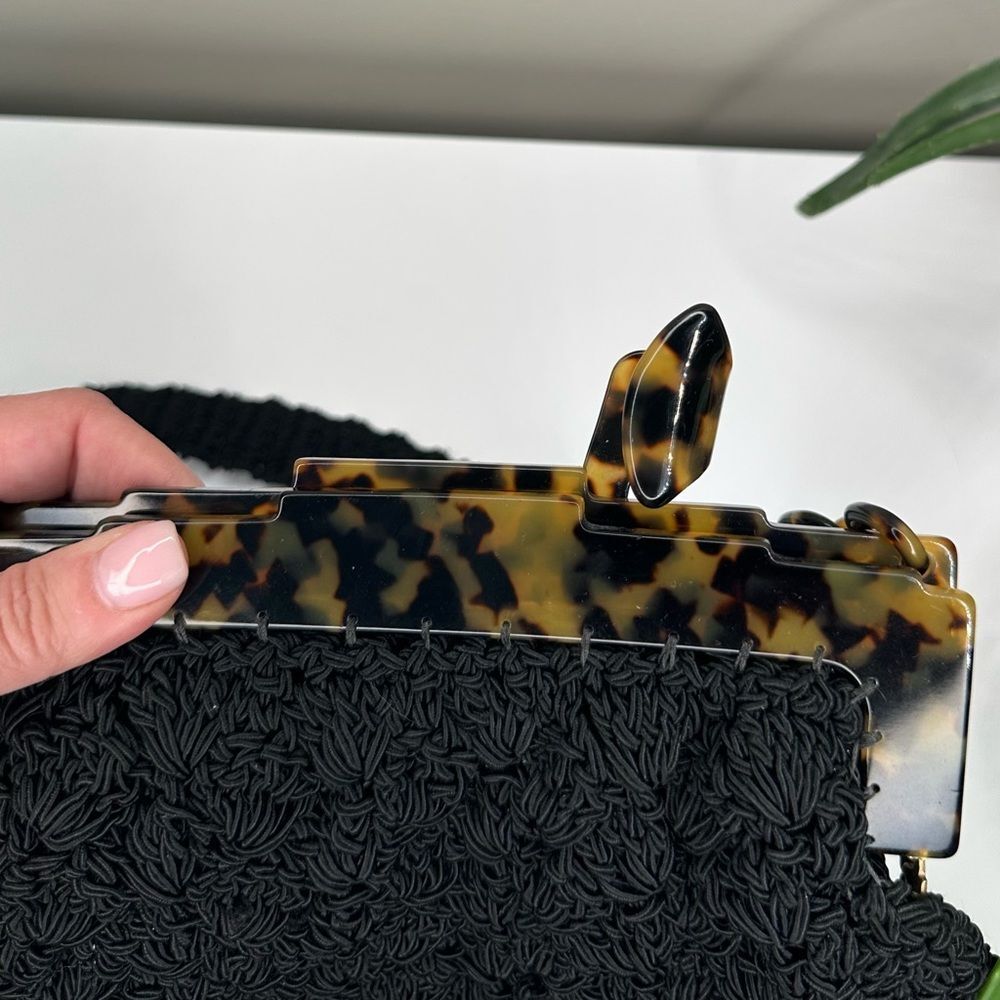 Vintage Marilyn Pivnick Black Knit Handbag Tortoise Lucite Frame & Coin Purse - Picture 6 of 14